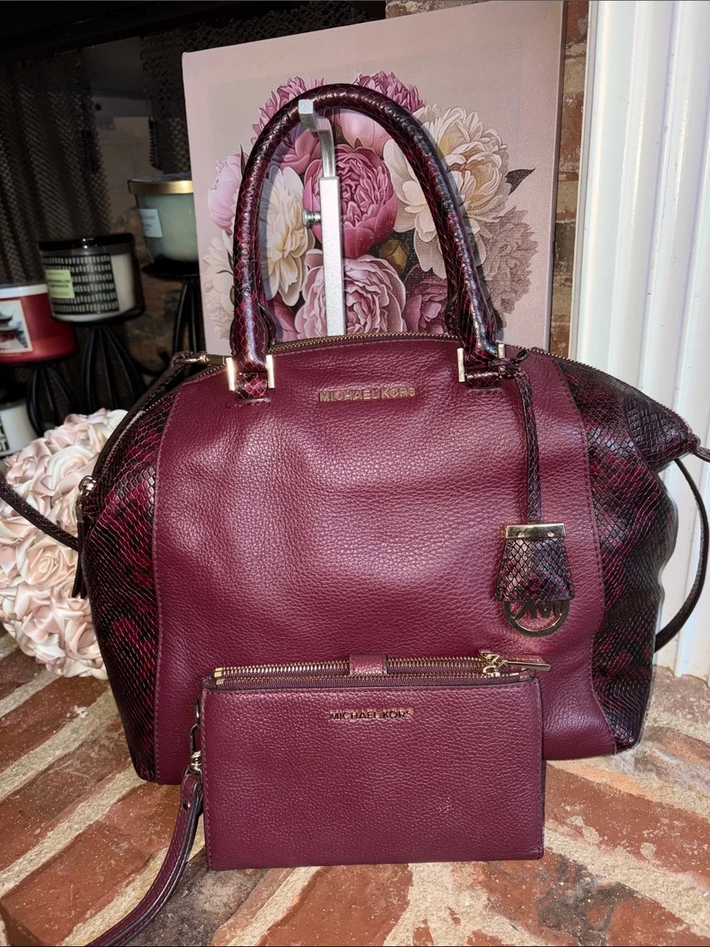 Michael Kors Plum Leather Satchel with Snake-Trim and Wristlet